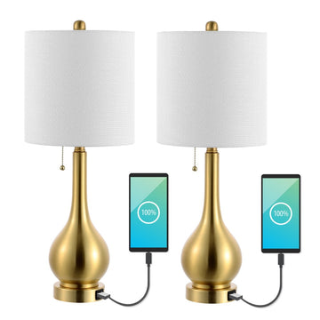 Tyler 24" Modern Classic Gourd Iron LED Table Lamp with Pull-Chain with Dual USB Charging Port - JONATHAN Y